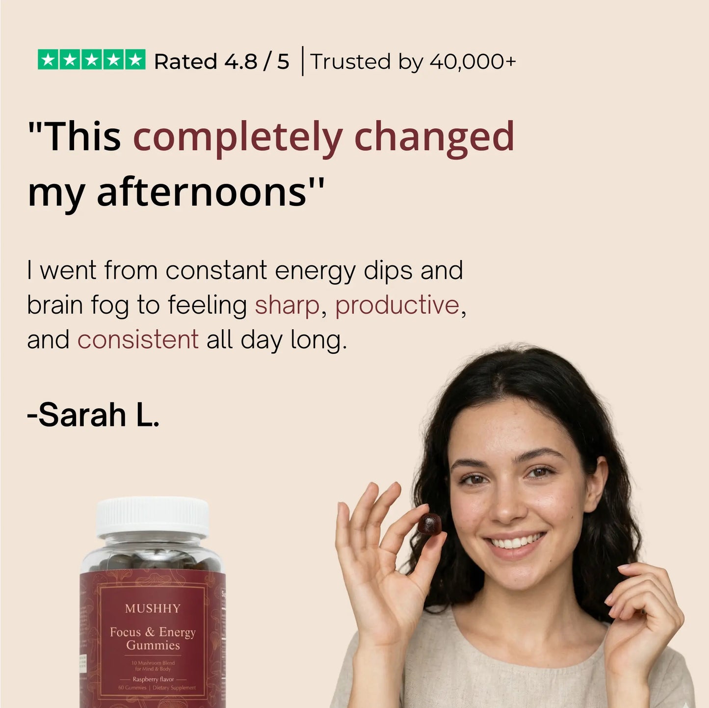 woman taking mushroom gummies for focus energy and daily performance supplement mushhy